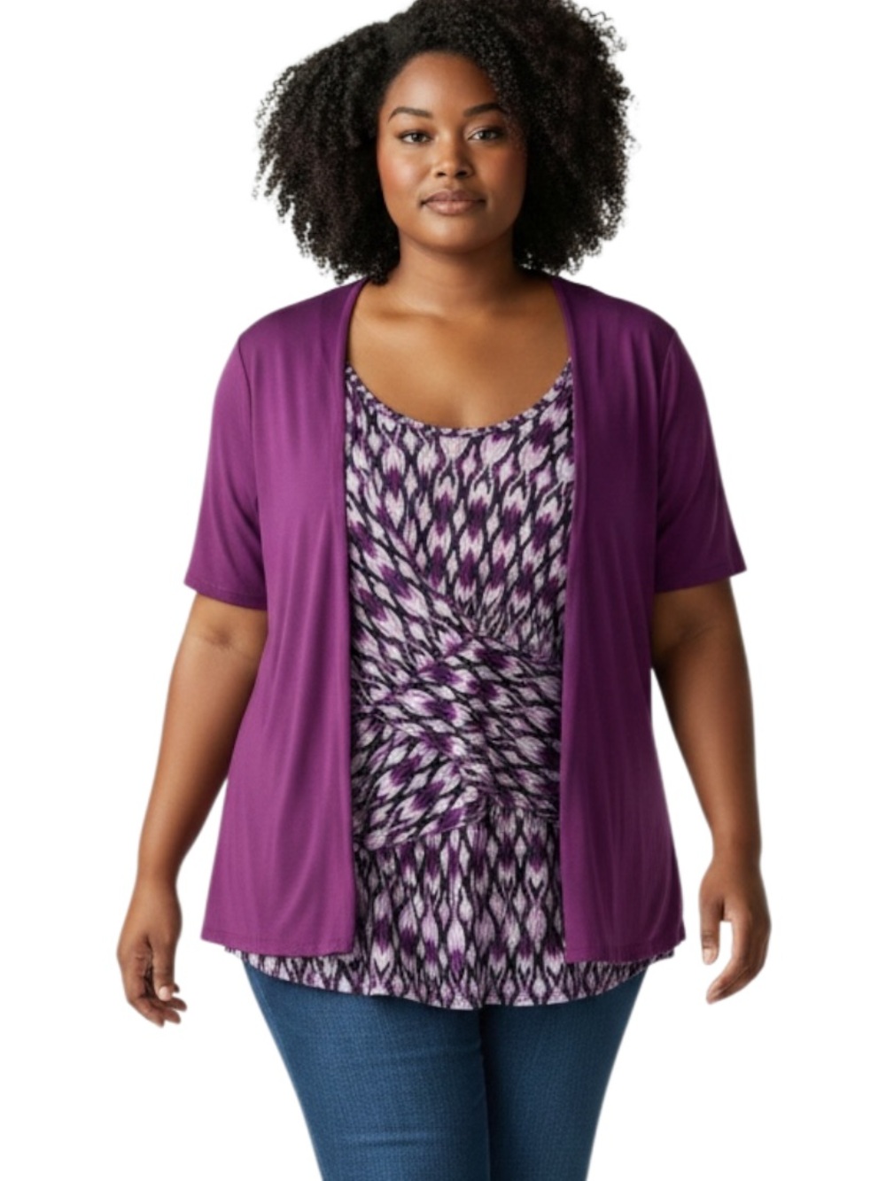 White Stag Purple Patterned Shell Tank with Purple Short Sleeve Cardigan